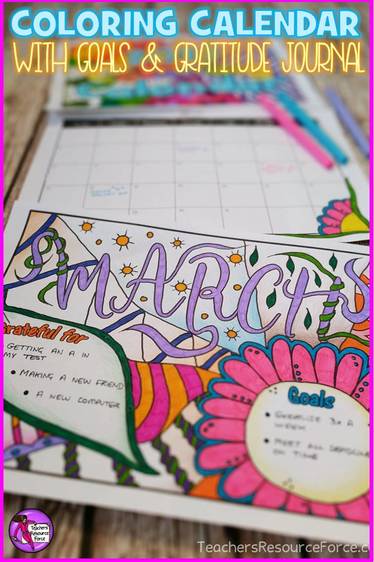 Colouring calendar with goals and gratitude journal