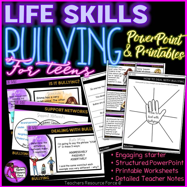Dealing with bullying for teens: powerpoint and printables resource