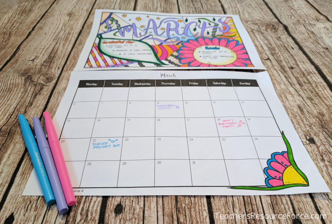 Coloring Calendar with Goals and Gratitude Journal @resourceforce